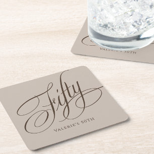Taupe Espresso Calligrafie Schrift 50ste Verjaarda Kartonnen Onderzetters