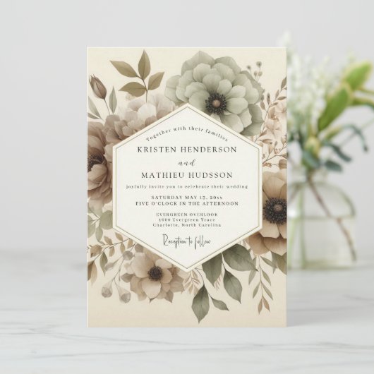 Taupe Ethereal Bloom Wedding Kaart (Staand voorkant)