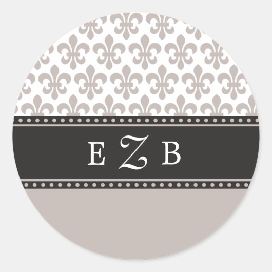 Taupe Fleur de lis Trouwmonogram Sticker. Ronde Sticker (Voorkant)