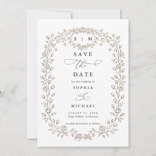 Taupe Floral Line Art Save The Date Invitation (Voorkant)