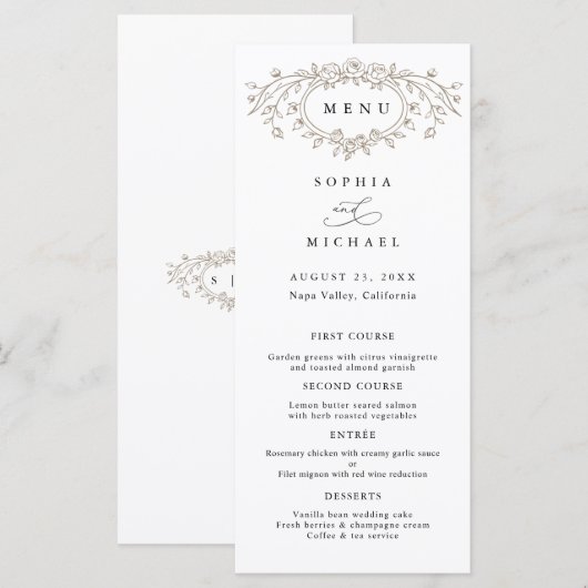 Taupe Floral Line Art Wedding Flat Menu (Voorkant / Achterkant)
