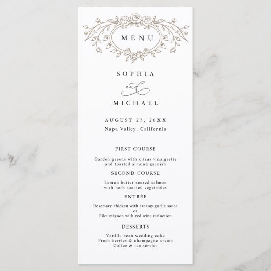 Taupe Floral Line Art Wedding Flat Menu (Voorkant)