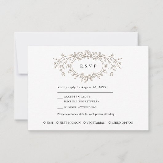 Taupe Floral Line Art Wedding Response Card RSVP Kaartje (Voorkant)