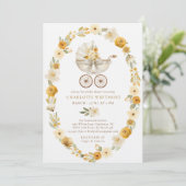Taupe Floral Pram Baby Shower Invite Kaart (Staand voorkant)