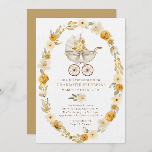 Taupe Floral Pram Baby Shower Invite Kaart (Voorkant / Achterkant)