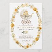 Taupe Floral Pram Baby Shower Invite Kaart (Voorkant)