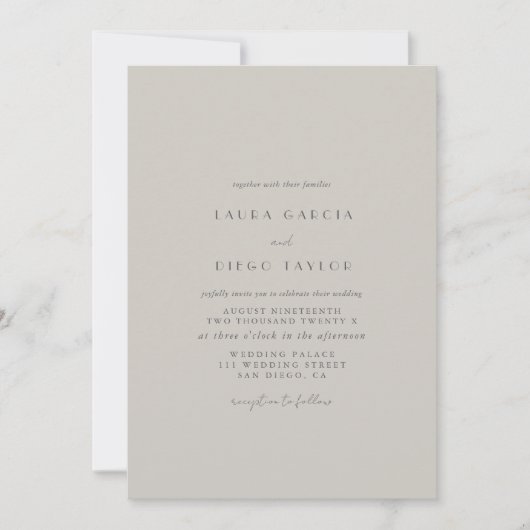 Taupe Formeel Modern Script Bruiloft Kaart (Voorkant)