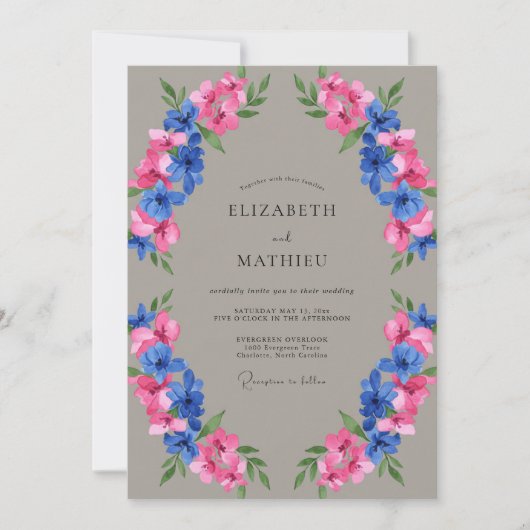 Taupe Fuchsia Azure Geschilderde Bruiloft Kaart (Voorkant)