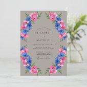 Taupe Fuchsia Azure Geschilderde Bruiloft Kaart (Staand voorkant)