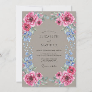 Taupe Fuchsia Ranunculus Eucalyptus Bruiloft Kaart