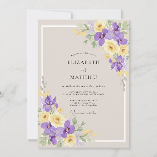 Taupe Gele Iris Eucalyptus Bruiloft Kaart (Voorkant)
