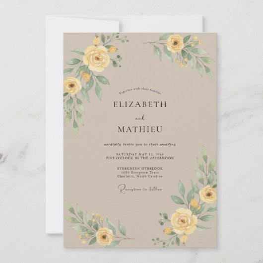 Taupe Gele Ranunculus Eucalyptus Bruiloft Kaart (Voorkant)