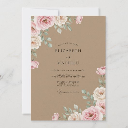 Taupe Geschilderde Rozen Bruiloft Kaart (Voorkant)