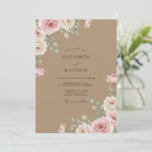Taupe Geschilderde Rozen Bruiloft Kaart (Staand voorkant)