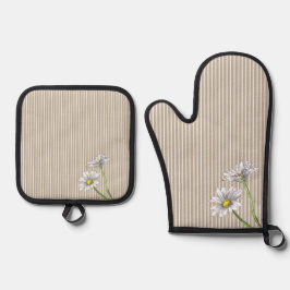 Taupe gestreepte bloemige waterverf madeliefje ovenwant & pannenlap set