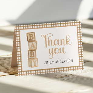 Taupe Gingham Baby Bedanktkaart Blokken Bedankkaart