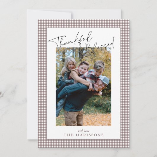 Taupe Gingham dankbare gezegende Thanksgiving foto Kaart (Voorkant)