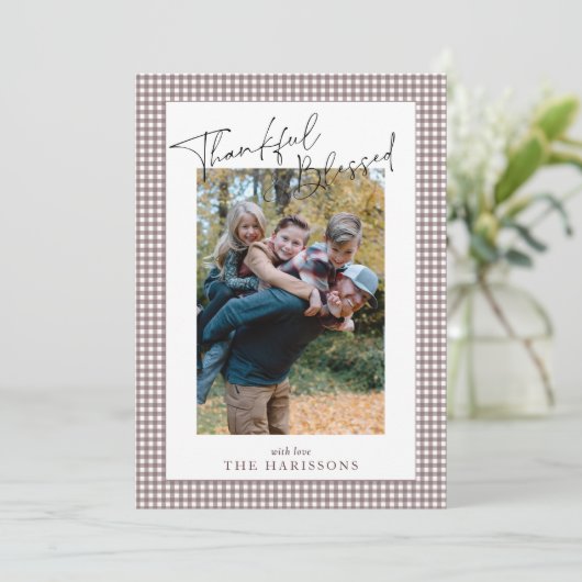 Taupe Gingham dankbare gezegende Thanksgiving foto Kaart (Staand voorkant)