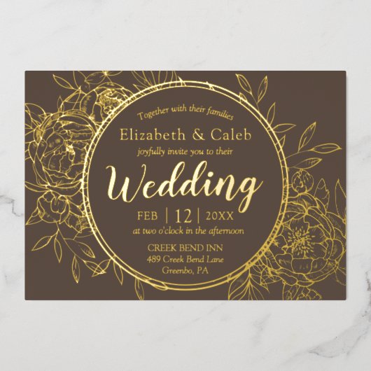 Taupe & Gold Peony Modern Toile Wedding Folie Uitnodiging (Voorkant)