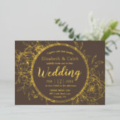 Taupe & Gold Peony Modern Toile Wedding Folie Uitnodiging (Staand Voorkant)