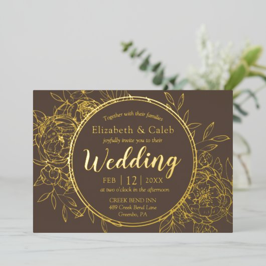 Taupe & Gold Peony Modern Toile Wedding Folie Uitnodiging (Staand Voorkant)