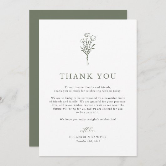 Taupe Green Boho Minimalist Botanicals Wedding Bedankkaart (Voorkant / Achterkant)