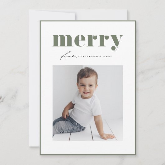 Taupe Green Bold Merry Typografie Foto Kerstmis Feestdagenkaart (Voorkant)