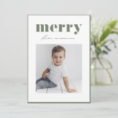 Taupe Green Bold Merry Typografie Foto Kerstmis Feestdagenkaart (Staand voorkant)