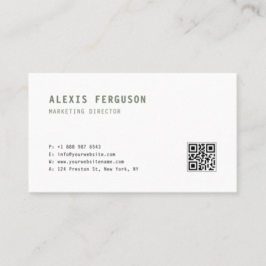 Taupe Green Eenvoudige Typografie QR Code Minimali Visitekaartje (Voorkant)