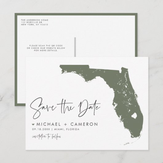 Taupe Green Florida Kaart QR Code Save the Date (Voorkant / Achterkant)