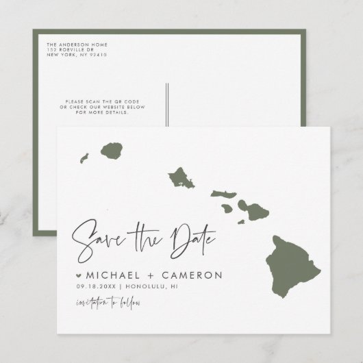 Taupe Green Hawaii State Map QR Code Bewaar de dat Aankondigingskaart (Voorkant / Achterkant)