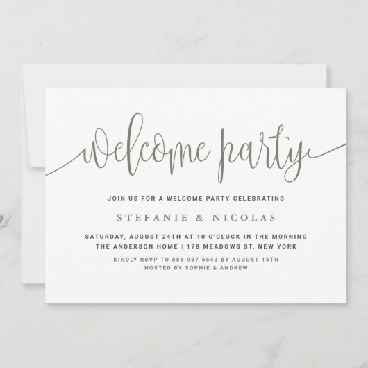 Taupe Green  Kalligrafie Welkomstfeest Kaart (Voorkant)