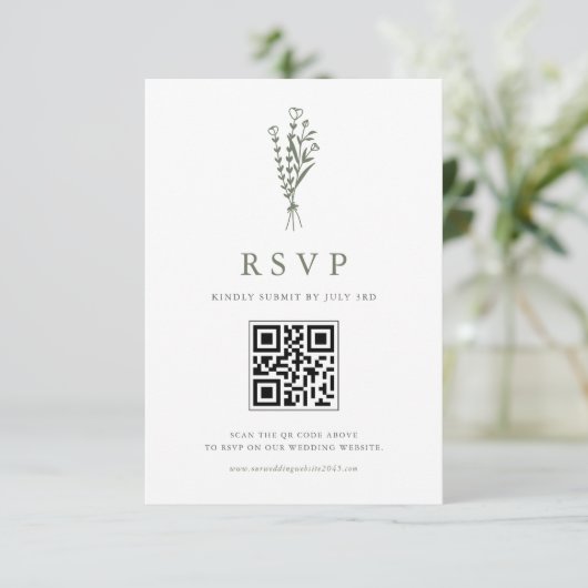 Taupe Green Minimailist Boeket QR Code Huwelijk RSVP Kaartje (Staand voorkant)