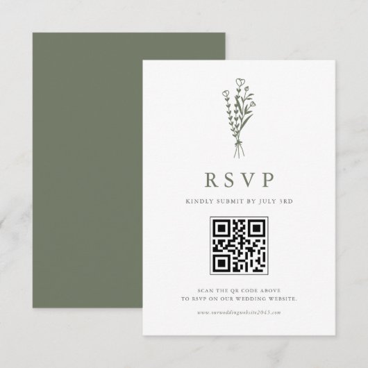 Taupe Green Minimailist Boeket QR Code Huwelijk RSVP Kaartje (Voorkant / Achterkant)