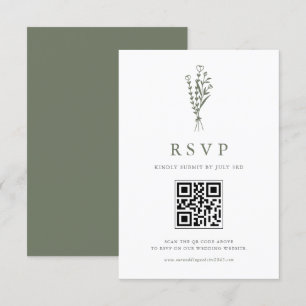 Taupe Green Minimailist Boeket QR Code Huwelijk RSVP Kaartje