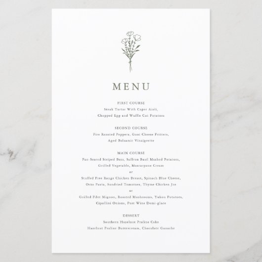 Taupe Green Minimalist Bloemen Boeket Menu Kaart (Voorkant)