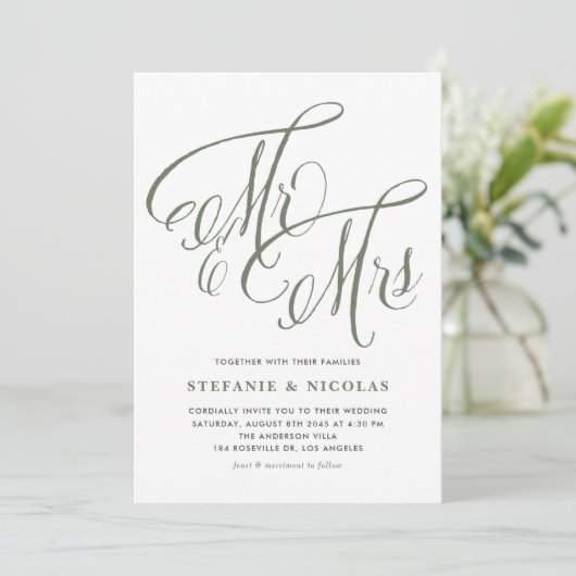 Taupe Green Mrs. en Mrs Rustic Script Wedding Kaart (Staand voorkant)