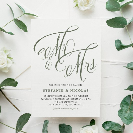 Taupe Green Mrs. en Mrs Rustic Script Wedding Kaart