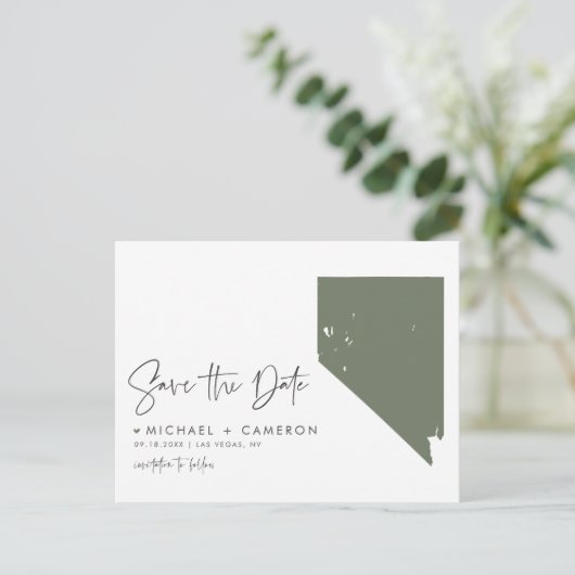 Taupe Green Nevada State Map QR-code Save the Date Aankondigingskaart (Staand voorkant)