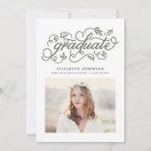Taupe Green Rustic Calligraphy Foto Afstuderen Aankondiging (Voorkant)