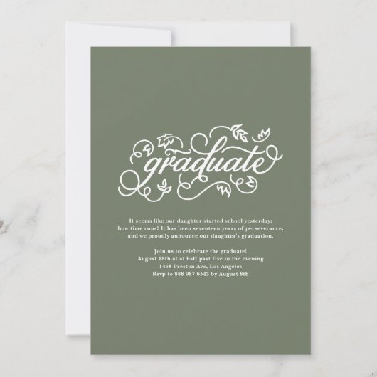 Taupe Green Rustic Calligraphy Foto Afstuderen Aankondiging (Achterkant)