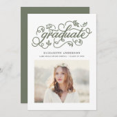 Taupe Green Rustic Calligraphy Foto Afstuderen Aankondiging (Voorkant / Achterkant)