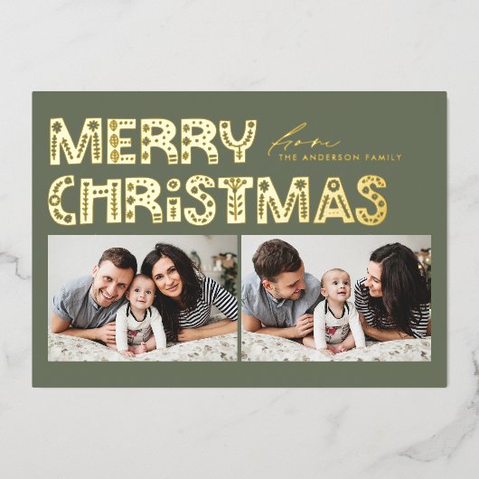 Taupe Green Scandinavisch Twee Foto Kerstmis Folie Feestdagenkaart (Voorkant)