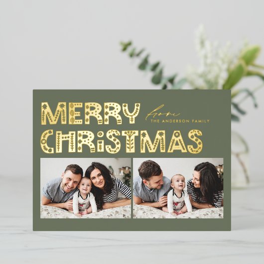 Taupe Green Scandinavisch Twee Foto Kerstmis Folie Feestdagenkaart (Staand Voorkant)