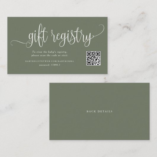 Taupe Green Script Baby shower QR Code Registry Informatiekaartje (Voorkant / Achterkant)