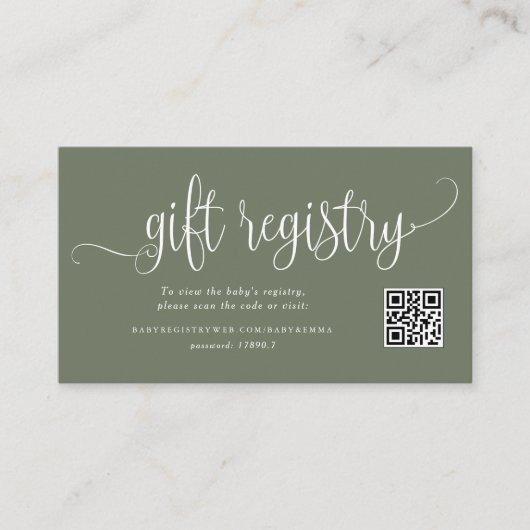 Taupe Green Script Baby shower QR Code Registry Informatiekaartje (Voorkant)