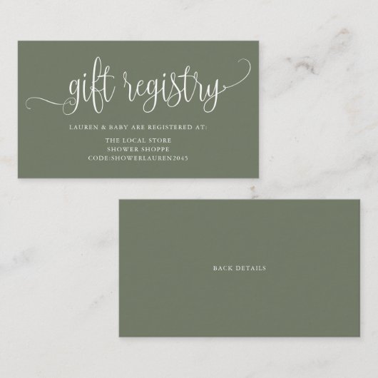 Taupe Green Script Baby shower Registry Informatiekaartje (Voorkant / Achterkant)