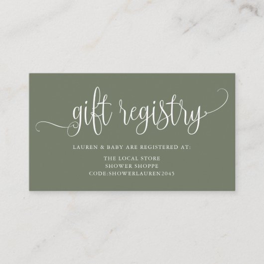 Taupe Green  Script Baby shower Registry Informatiekaartje (Voorkant)