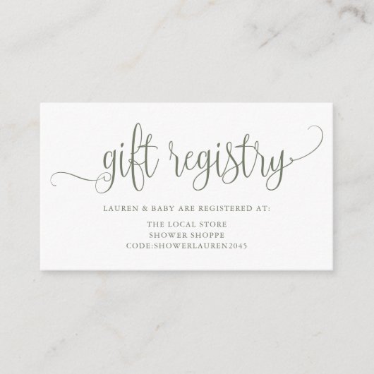 Taupe Green  Script Baby shower Registry Informatiekaartje (Voorkant)