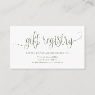 Taupe Green  Script Baby shower Registry Informatiekaartje